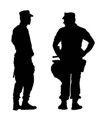 Görevli polis memuru vektör silueti çizimi izole edildi. Sokakta devriye gezen polis memuru. Gizli Servis Üyesi insanları korur. Kanun ve düzen. Terörizme karşı. Polis ekibi çalışıyor.