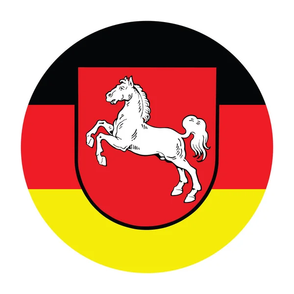 ローワー サクソニー ドイツの旗の上の腕の円のバッジのコート ベクトルフラグ下サクソニーボタンの丸いイラストは白い背景で分離しました ドイツのバナー ニーダーシャッセン州 — ストックベクタ