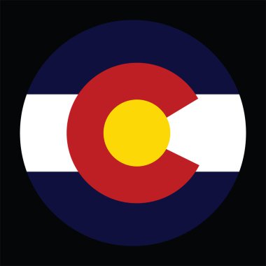 Çember rozet Colorado bayrak vektör çizimi siyah arka planda izole. Amerika Birleşik Devletleri. Colorado bayrağını ulusal sembolün etrafında dolaştır. Colorado amblemi.