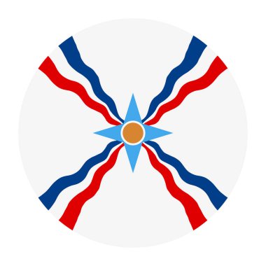 Circle Assyrian people flag vector illustration isolated. Button of Assyrians indigenous ethnic group native to Assyria. Ancient indigenous Mesopotamians of Akkad and Sumer. Modern Iraq territory. clipart
