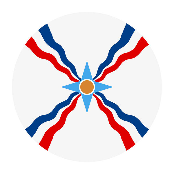Circle Assyrian people flag vector illustration isolated. Button of Assyrians indigenous ethnic group native to Assyria. Ancient indigenous Mesopotamians of Akkad and Sumer. Modern Iraq territory.