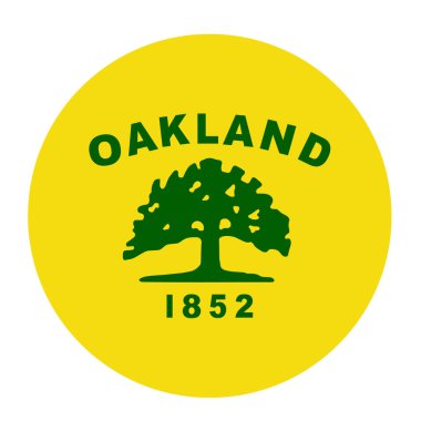 Çember rozet City Oakland bayrak çizimi arka planda izole edildi. Kaliforniya 'da bir kasaba. ABD şehir sembolü. Amerika Birleşik Devletleri amblemi. Button Oakland kasaba bayrağı.