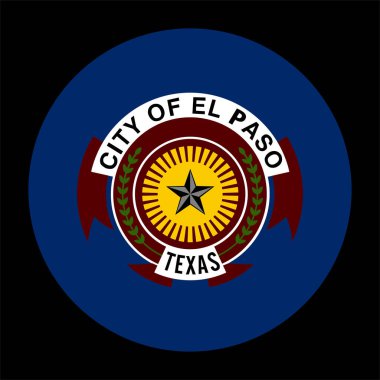 Çember rozet City El Paso bayrak vektör çizimi arka planda izole. Teksas 'ta bir kasaba. ABD şehir sembolü. Amerika Birleşik Devletleri amblemi. Düğme yuvarlak El Paso kasaba bayrağı.