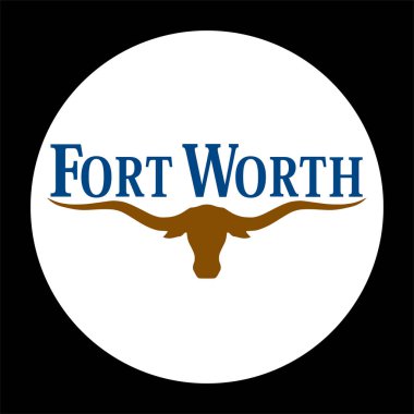 Forth Worth bayrak illüstrasyonu izole edildi. Teksas 'ta bir kasaba. ABD şehir sembolü. Amerika Birleşik Devletleri amblemi. Forth Worth kasabasının düğmeleri. Boğa başlı siluet..