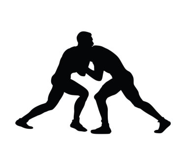 Güreşçiler rekabetle eşleşiyor, güreşçi güreşçi adam beyaza izole edilmiş vektör silüeti çiziyor. Jimnastik dövüş sanatı. Avcı savunma becerileri. Güreşçi oyunu Yunan Roma dövüş stili düello.