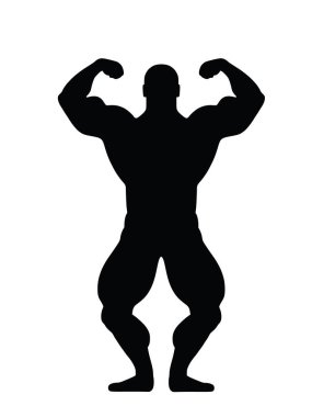 Beyaz arka planda izole edilmiş kas geliştirici vektör silüeti çizimi. Sporcu adam güçlü kollar. Vücut geliştirme sporcusu kaslarını gösteriyor. Kaslı vücutlu çocuk yarışmada poz veriyor..