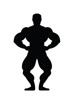 Beyaz arka planda izole edilmiş kas geliştirici vektör silüeti çizimi. Sporcu adam güçlü kollar. Vücut geliştirme sporcusu kaslarını gösteriyor. Kaslı vücutlu çocuk yarışmada poz veriyor..