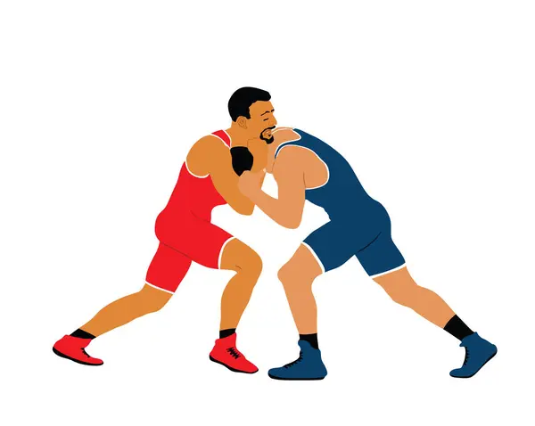 Wrestlers match competition, sports man wrestling vector illustration isolated on white. Gymnastic martial art. Fighter self defense skills. Wrestler game duel Greek Roman style of fight boy practice.