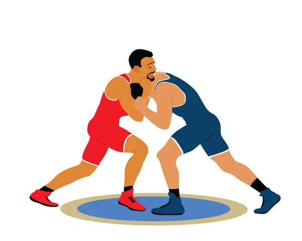 Wrestlers match competition, sports man wrestling vector illustration isolated on white. Gymnastic martial art. Fighter self defense skills. Wrestler game duel Greek Roman style of fight boy practice.