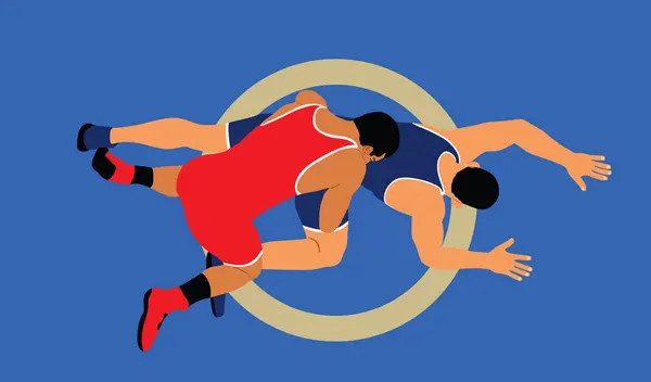 Wrestlers match competition, sports man wrestling vector illustration isolated. Gymnastic martial art. Fighter self defense skills. Wrestler game duel Greek Roman style of fight boy practice.