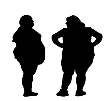 Şişman arkadaşlar, kadın vektör silueti beyaza izole edilmiş. Kilolu biri sorun çıkarır. Büyük kızlar yemeği düşünür. Kadın kilo kaybı aktivitesi. Kilo veriyorum. Koca göbek..