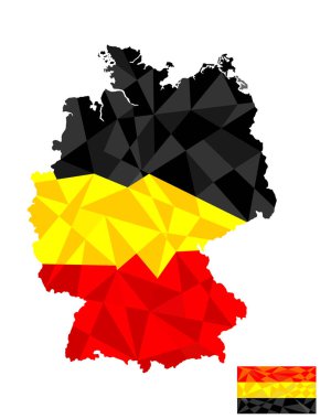 Almanya haritası beyaz arka planda izole edilmiş vektör silüeti. Deutschland soyut geometrik haritası. Haritada Almanya bayrağı. Ulusal sembol. Vatansever amblem sancağı.