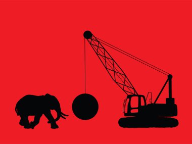 Fil erkek doğal gücü endüstriyel yıkıcı top vinç vektör silüetine karşı izole edilmiş. Safari Afrika hayvan savunma ortamı insan işgaline karşı..