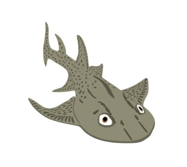 Beyaz üzerine izole edilmiş melek köpekbalığı vektör illüstrasyonu. Kumsalda köpekbalığı tehlikesi. Dalgıçlar ve yüzücüler için en büyük korku. Dalış ve yüzme için su altı alarmı. Çömel çömel.