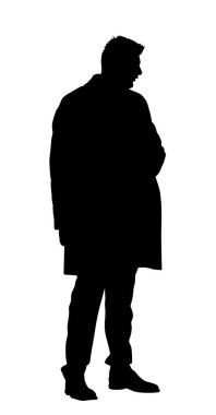 Süit ve ceket dikme vektör siluetinde iş adamı. Ofisteki yakışıklı iş adamı. Zarif bir menajer. Koruma gözlemi, gizli ajan bakım başkanı güvenliği. Etkinlik Güvenlik Örgütü.