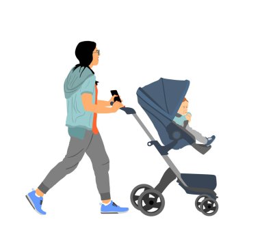 Bebek arabasındaki anne ve bebek yürüme vektörü çizimi beyaza izole edilmiş. Mutlu aile dışarıda eğleniyor. Anne küçük çocuğu sever. Bebek arabasında küçük oğlu ya da kızı olan genç bir kadın. Bebek bakıcısı ve tramvay..