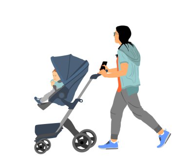 Bebek arabasındaki anne ve bebek yürüme vektörü çizimi beyaza izole edilmiş. Mutlu aile dışarıda eğleniyor. Anne küçük çocuğu sever. Bebek arabasında küçük oğlu ya da kızı olan genç bir kadın. Bebek bakıcısı ve tramvay..