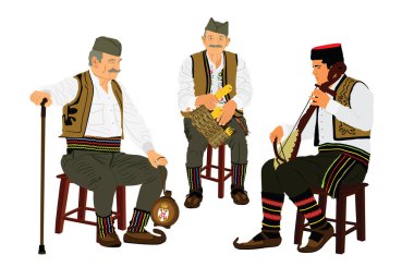 Traditional wear folklore Serbia old man sitting vector illustration. Balkan culture grandfathers vintage dress male with villager friends who crown corn cob on farm listening guslar play gusle music. clipart