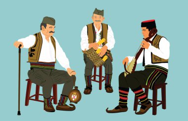Geleneksel giyim tarzı, Sırbistan 'da vektör çizimi yapan yaşlı bir adam. Balkan kültürü, köylü arkadaşlarıyla eski moda giyinen ve çiftlikte mısır koçanı taçlandıran erkek büyükbabalara şamata müziği dinletiyor.