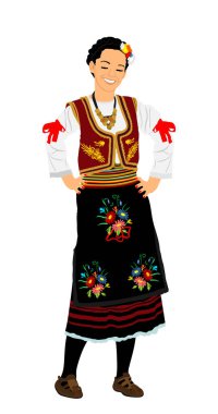 Geleneksel olarak, Sırp folklor dansçısı kız kolo dans vektörü illüstrasyonunda izole arka plan oynuyor. Balkan kültürü, Avrupa 'dan kadın klasik elbise. Miras elbisesi içinde dans eden gülümseyen bayan.