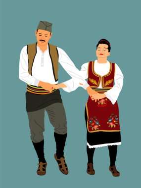 Geleneksel giyim tarzı folklor dansçıları, arka planda izole edilmiş kolo dansı vektör illüstrasyonu oynuyorlar. Balkan kültürü Avrupalı eski moda dansçılar. Erkek ve kadın el ele dans ediyor..