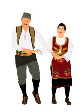 Geleneksel giyim tarzı folklor dansçıları, arka planda izole edilmiş kolo dansı vektör illüstrasyonu oynuyorlar. Balkan kültürü Avrupalı eski moda dansçılar. Erkek ve kadın el ele dans ediyor..