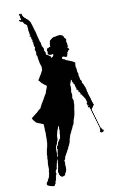 Majorette kadın vektör silueti çizimini izole etti. Karnavaldaki gülümseyen dansçı kız. Sokak sanatçısı müzik etkinliği. Festivaldeki bayanın kostüm partisi.