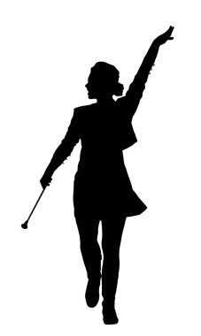 Majorette kadın vektör silueti çizimini izole etti. Karnavaldaki gülümseyen dansçı kız. Sokak sanatçısı müzik etkinliği. Festivaldeki bayanın kostüm partisi.