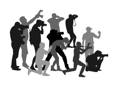 Crowd of photographer with camera vector silhouette illustration. Paparazzi shooting event. Photo reporter on duty. Sport photography. Journalist work for breaking news. Wedding fashion photographer. 