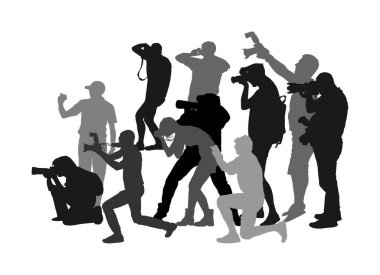 Crowd of photographer with camera vector silhouette illustration. Paparazzi shooting event. Photo reporter on duty. Sport photography. Journalist work for breaking news. Wedding fashion photographer. 