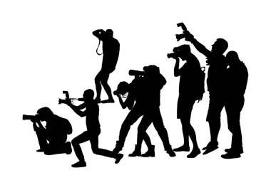 Crowd of photographer with camera vector silhouette illustration. Paparazzi shooting event. Photo reporter on duty. Sport photography. Journalist work for breaking news. Wedding fashion photographer. 