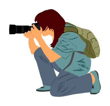 Photographer with camera vector illustration isolated. Paparazzi shooting event. Photo reporter on duty. Sport photography. Journalist man works breaking news. Wedding fashion photographer focusing.