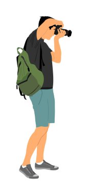 Photographer with camera vector illustration isolated. Paparazzi shooting event. Photo reporter on duty. Sport photography. Journalist man works breaking news. Wedding fashion photographer focusing.