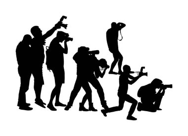 Crowd of photographer with camera vector silhouette illustration. Paparazzi shooting event. Photo reporter on duty. Sport photography. Journalist work for breaking news. Wedding fashion photographer. 