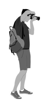 Photographer with camera vector illustration isolated. Paparazzi shooting event. Photo reporter on duty. Sport photography. Journalist man works breaking news. Wedding fashion photographer focusing.