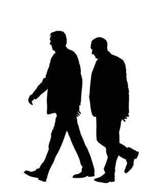 Süitteki zarif iş ortakları, izole bir şekilde iş vektör siluetine gidiyorlar. Yakışıklı son sınıf öğrencisi arkadaşıyla yürüyor. Erkek yuppi avukat. Gizli ajan kendine güvenen lider. Ekonomi CEO 'su.