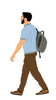 Beyaz arka planda izole edilmiş, tişörtlü, yürüyen vektör resimli çekici adam. Sokakta sırt çantalı yakışıklı bir çocuk. Yakışıklı erkek sakalı ve bıyık stili. Zarif, çekici bir beyefendi..
