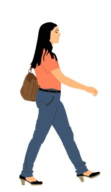 Beyaz arka planda izole edilmiş, tişörtlü, yürüyen vektör resimli çekici kadın. Moda dünyasından yakışıklı bir kız sokakta giyiniyor. Güzel bir bayan stili. Zarif, çekici bir kadın. Yaz elbisesi.