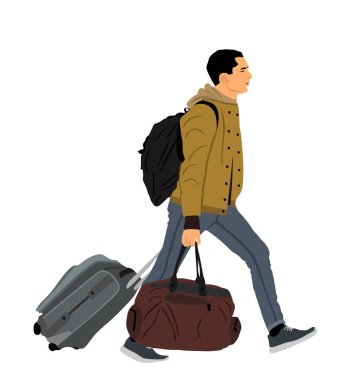Beyaz arka planda izole edilmiş bir şekilde havaalanı vektör illüstrasyonuna yürüyen çekici bir adam. Sırt çantalı yakışıklı bir çocuk. Seyahatte bavullu öğrenci gezgin. Turist erkek valiz taşıyor.