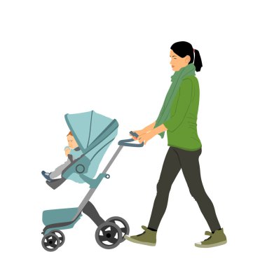 Bebek arabasındaki anne ve bebek yürüme vektörü çizimi beyaza izole edilmiş. Mutlu aile dışarıda eğleniyor. Anne küçük çocuğu sever. Bebek arabasında küçük oğlu ya da kızı olan genç bir kadın. Bebek bakıcısı ve tramvay..