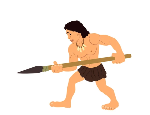 Caveman Chasseur Chasse Avec Illustration Vectorielle Lance Isolé Sur Fond — Image vectorielle