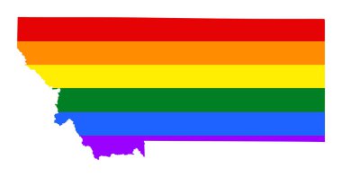 LGBT bayrağı gay Montana haritası vektör silueti beyaz arka planda izole edilmiş. Amerika Birleşik Devletleri ülkesi. Montana gökkuşağı bayrağı. Lezbiyen ve biseksüel hakları. Homoseksüel gurur.