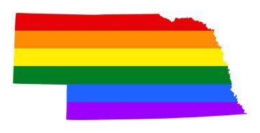 Beyaz arkaplanda izole edilmiş LGBT bayrağı gay Nebraska harita vektör silueti çizimi. Amerika Birleşik Devletleri ülkesi. Nebraska gökkuşağı bayrağı. Lezbiyen ve biseksüel hakları. Homoseksüel gurur.