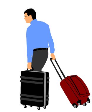 Beyaz arka planda izole edilmiş bavul vektör çizimi ile havaalanına yürüyen bir adam. Bagaj çantalı yakışıklı çocuk. Seyahatte bavullu öğrenci gezgin. Turist erkek valiz taşıyor.