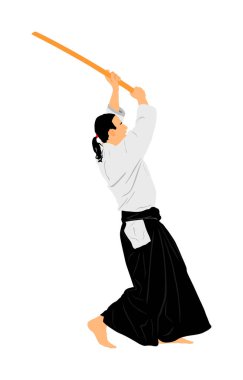 Aikido avcı uçağı vektör çizimi beyaza izole edildi. Eğitim hareketi. Nefsi müdafaa konsepti. Aikido eğitmeni Katana 'da hünerini gösteriyor. Asya 'nın geleneksel savaşçısı. Kendo dövüşü.