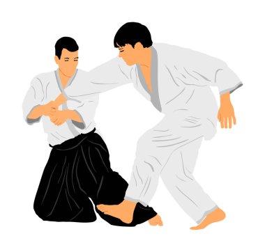 Beyaz arka planda izole edilmiş iki aikido avcı uçağı vektör çizimi arasındaki dövüş. Antrenman maçı. Savunma mahareti dövüşçüsü, egzersiz konsepti. Geleneksel savaşçılar. 