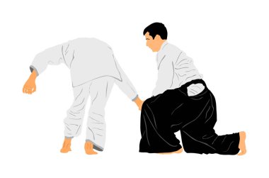 Beyaz arka planda izole edilmiş iki aikido avcı uçağı vektör çizimi arasındaki dövüş. Antrenman maçı. Savunma mahareti dövüşçüsü, egzersiz konsepti. Geleneksel savaşçılar. 