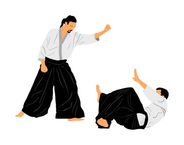 Beyaz arka planda izole edilmiş iki aikido avcı uçağı vektör çizimi arasındaki dövüş. Antrenman maçı. Savunma mahareti dövüşçüsü, egzersiz konsepti. Geleneksel savaşçılar. 