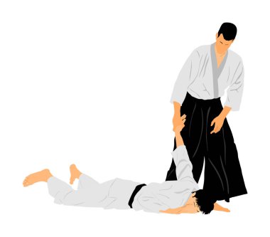 Beyaz arka planda izole edilmiş iki aikido avcı uçağı vektör çizimi arasındaki dövüş. Antrenman maçı. Savunma mahareti dövüşçüsü, egzersiz konsepti. Geleneksel savaşçılar. 