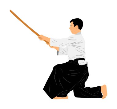 Aikido avcı uçağı vektör çizimi beyaza izole edildi. Eğitim hareketi. Nefsi müdafaa konsepti. Aikido eğitmeni Katana 'da hünerini gösteriyor. Asya 'nın geleneksel savaşçısı. Kendo dövüşü.
